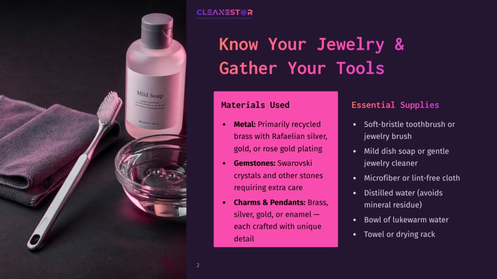 A Minimalist Flat Lay Of Jewelry Cleaning Supplies: A Bottle Of Mild Soap, A Soft-Bristled Jewelry Brush, A Microfiber Cloth, And A Small Glass Bowl Of Water, Arranged On A Dark Surface.