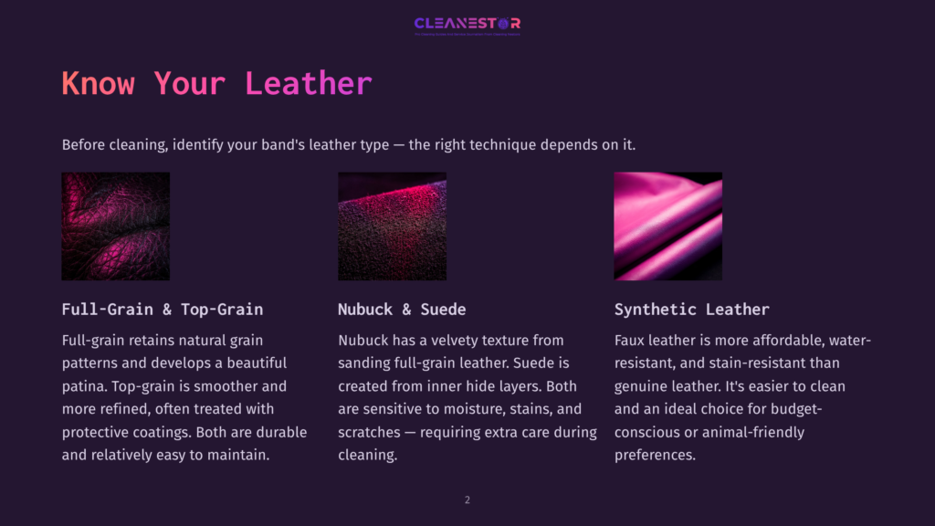 2 Know Your Leather Close-Up Of Three Leather Textures: Full-Grain With A Deep Red And Black Patina, Nubuck With A Velvety, Textured Surface, And Smooth, Vibrant Pink Synthetic Leather.