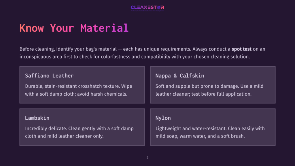 Infographic Detailing How To Clean Different Handbag Materials: Saffiano Leather, Nappa &Amp; Calfskin, Lambskin, And Nylon. Includes Cleaning Tips For Each.