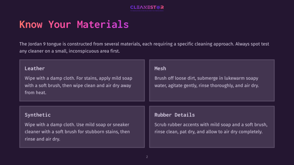 2 Know Your Materials 2 Infographic Detailing How To Clean Jordan 9 Materials: Leather, Mesh, And Synthetic. Includes Cleaning Instructions For Each Material Type.
