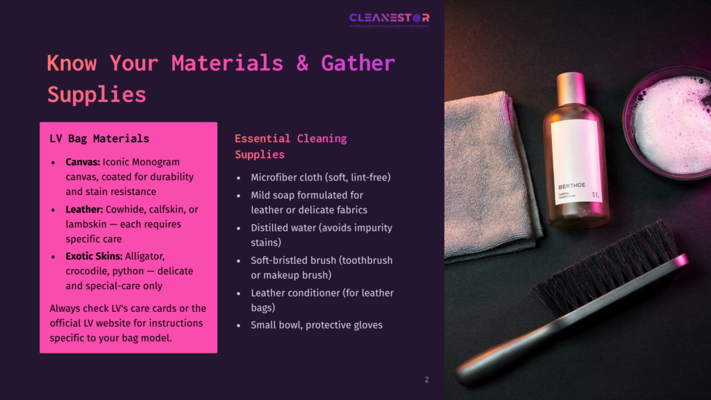 Overhead View Of A Bottle Of Leather Cleaner, A Soft Cloth, And A Brush On A Dark Surface, With Text Overlay About Lv Bag Materials And Cleaning Supplies.