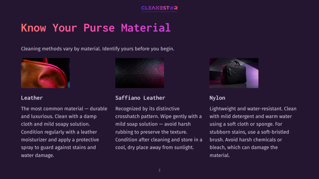 Three Purse Materials: Brown Leather, Black Saffiano Leather With A Crosshatch Pattern, And Black Nylon With A Zipper. Text Reads &Quot;Know Your Purse Material&Quot; And Describes Cleaning Methods For Each.