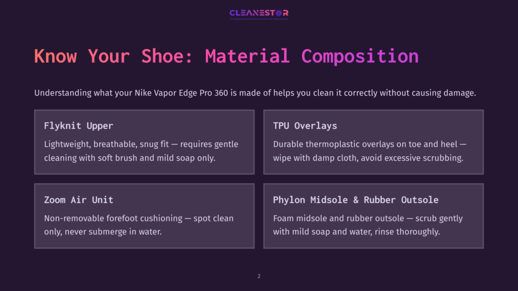 2 Know Your Shoe Material Composition Nike Vapor Edge Pro 360 Shoe Material Composition Breakdown: Flyknit Upper, Tpu Overlays, Zoom Air Unit, And Phylon Midsole &Amp; Rubber Outsole.