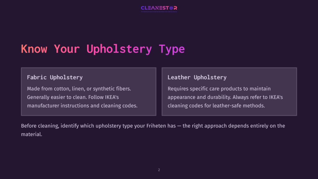 A Dark Purple Slide Titled &Quot;Know Your Upholstery Type&Quot; With Two Columns: &Quot;Fabric Upholstery&Quot; And &Quot;Leather Upholstery.&Quot; The Slide Details Care Instructions For Each Material.