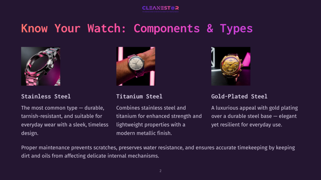 Three Watch Faces Are Displayed: A Stainless Steel Watch With A Metallic Band, A Titanium Steel Watch With A Brushed Metal Finish, And A Gold-Plated Steel Watch With Intricate Detailing. The Text &Quot;Know Your Watch: Components &Amp; Types&Quot; Is Prominent.