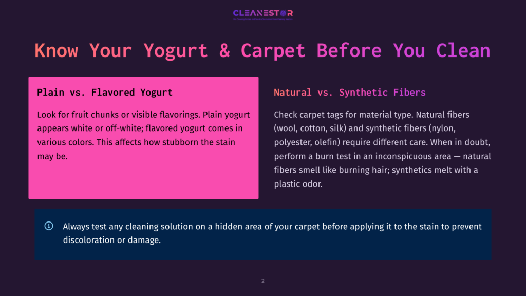 2 Know Your Yogurt And Carpet Before You Clean Infographic Comparing Plain Vs. Flavored Yogurt Stains On Carpet, With Text Highlighting Differences In Stain Removal And Natural Vs. Synthetic Carpet Fibers.