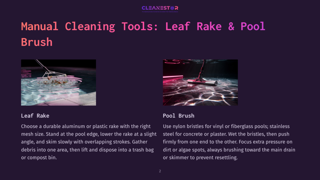 2 Manual Cleaning Tools Leaf Rake And Pool Brush An Illustration Of A Leaf Rake In A Pool With Clear Water, Showing The Tool Skimming The Surface To Gather Debris.