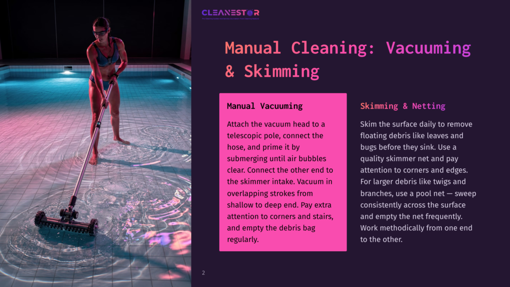 A Woman In A Blue Bikini Vacuums A Swimming Pool With A Long Pole, Using A Vacuum Head To Clean The Pool Floor. Text Reads &Quot;Cleanestor Manual Cleaning: Vacuuming &Amp; Skimming&Quot;.
