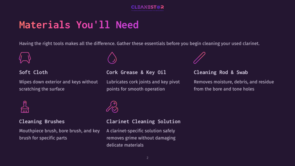 Illustration Of Essential Clarinet Cleaning Materials: Soft Cloth, Cork Grease, Cleaning Rod, Swab, Cleaning Brushes, And Clarinet Cleaning Solution.