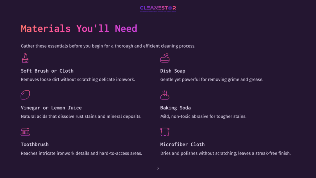 An Infographic Titled &Quot;Materials You'Ll Need&Quot; Lists Essential Cleaning Supplies. Icons And Brief Descriptions For A Soft Brush, Dish Soap, Vinegar, Baking Soda, Toothbrush, And Microfiber Cloth Are Shown. Each Material Is Depicted With A Corresponding Icon, And A Concise Description Of Its Purpose And Benefits Is Provided.