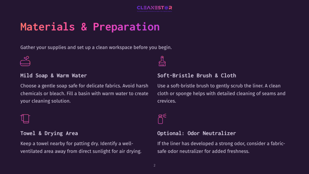 Infographic Detailing Materials And Preparation For Cleaning, Featuring Icons For Mild Soap, Soft-Bristle Brush, Towel, And Odor Neutralizer, With Text Including &Quot;Materials &Amp; Preparation&Quot; And &Quot;Mild Soap &Amp; Warm Water.