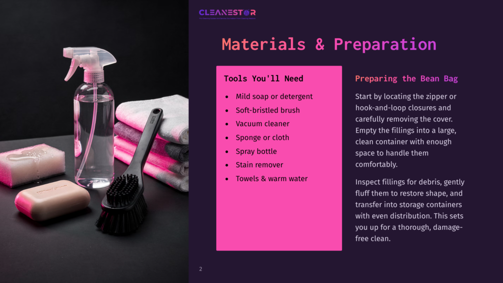 2 Materials And Preparation Cleanestor Logo And Text &Quot;Materials &Amp; Preparation&Quot; With A List Of Cleaning Supplies Including A Spray Bottle, Soap, Sponge, And Towels.
