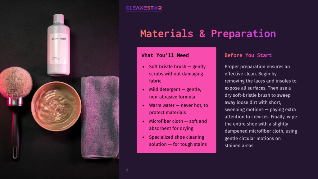 A Flat Lay Image Displays A Soft Bristle Brush, A Bottle Of Mild Detergent, A Bowl, A Microfiber Cloth, And A Towel On A Black Background, Showcasing Shoe Cleaning Materials And Preparation.