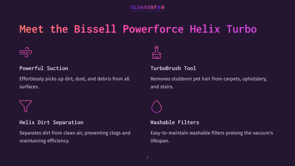 Infographic Highlighting The Bissell Powerforce Helix Turbo Vacuum Cleaner With Icons And Text Detailing Its Features: Powerful Suction, Turbobrush Tool, Helix Dirt Separation, And Washable Filters.