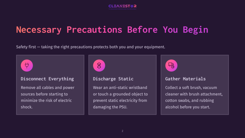 Graphic With The Title &Quot;Necessary Precautions Before You Begin&Quot; And Three Sections: &Quot;Disconnect Everything,&Quot; &Quot;Discharge Static,&Quot; And &Quot;Gather Materials,&Quot; With Icons And Bullet Points Detailing Safety Steps For Computer Cleaning.