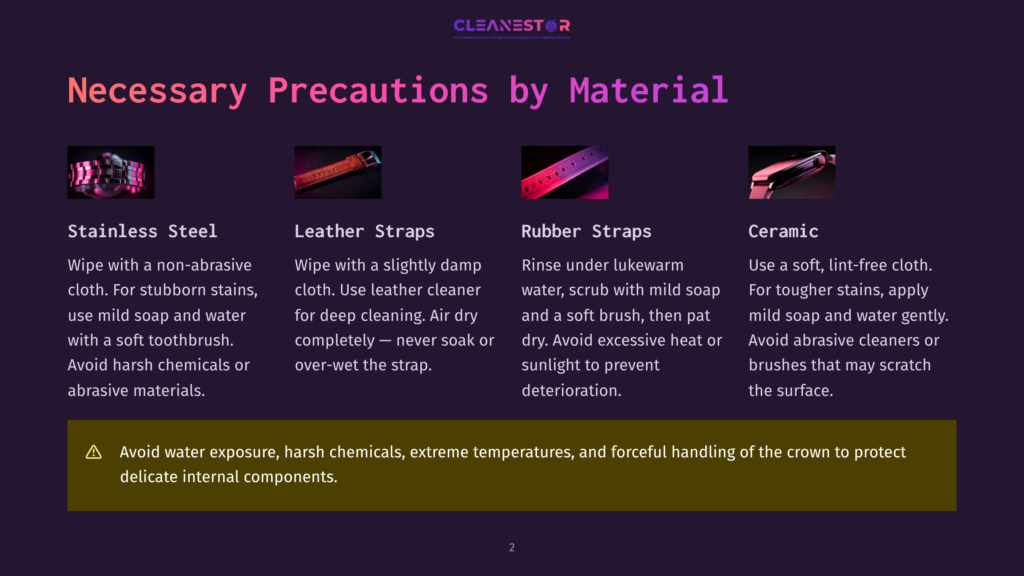 Necessary Precautions By Material: Stainless Steel, Leather Straps, Rubber Straps, Ceramic. Image Displays Four Distinct Watch Bands With Cleaning Advice For Each.