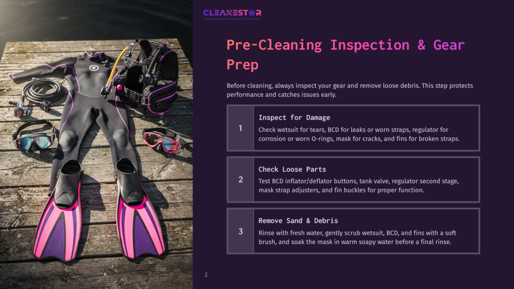2 Pre Cleaning Inspection And Gear Prep Scuba Diving Gear Laid Out On A Wooden Dock: Wetsuit, Fins, Mask, Regulator, And Tank. Text Overlay Reads: &Quot;Cleanestor: Pre-Cleaning Inspection &Amp; Gear Prep.
