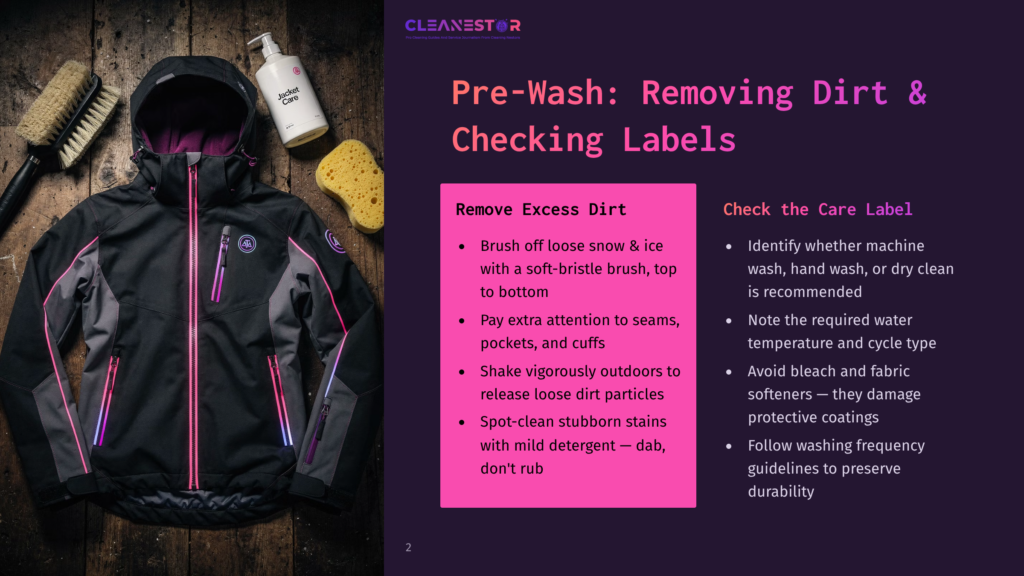 2 Pre Wash Removing Dirt And Checking Labels A Dark Grey And Purple Technical Jacket Lies Flat, Ready For Cleaning, Next To A Bottle Of Jacket Care Cleaner, A Yellow Sponge, And Brushes. Text Overlay Reads &Quot;Cleanestor&Quot; And &Quot;Pre-Wash: Removing Dirt &Amp; Checking Labels&Quot;.