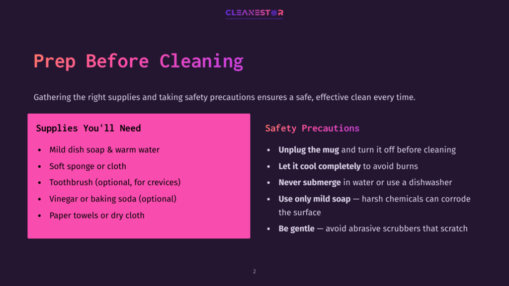 Dark Purple Background With &Quot;Prep Before Cleaning&Quot; In Large White Text. Left Side Lists &Quot;Supplies You'Ll Need&Quot; With Bullet Points. Right Side Lists &Quot;Safety Precautions&Quot; With Bullet Points.
