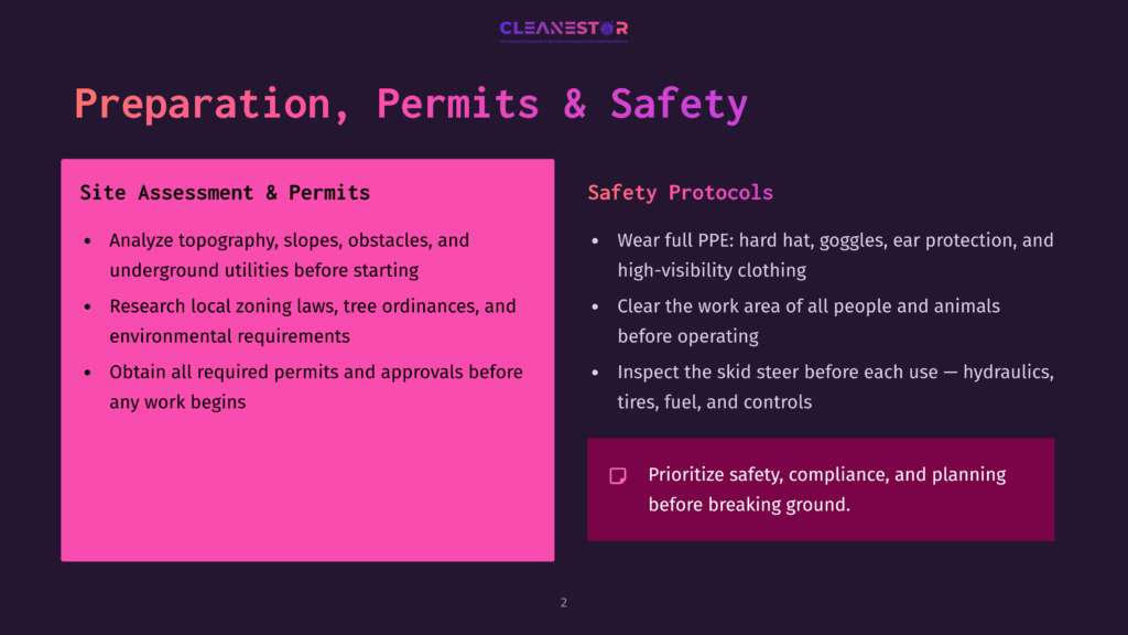 Slide Titled &Quot;Preparation, Permits &Amp; Safety&Quot; With Sections On &Quot;Site Assessment &Amp; Permits&Quot; And &Quot;Safety Protocols,&Quot; Listing Key Steps For Construction Preparation And Safety Measures.