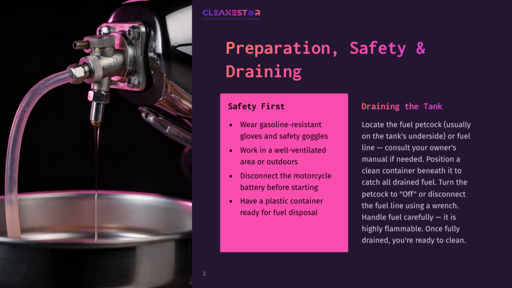 Close-Up Of A Motorcycle Fuel Petcock With A Clear Tube Draining Dark Liquid Into A Metal Container, With Text Overlay &Quot;Preparation, Safety First&Quot;.