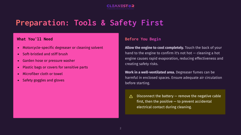 2 Preparation Tools And Safety First Preparation: Tools &Amp; Safety First. A Pink Slide Lists Motorcycle Cleaning Supplies Like Degreaser, Brushes, And Safety Goggles. A Dark Slide Gives Safety Tips For Cleaning A Hot Engine.