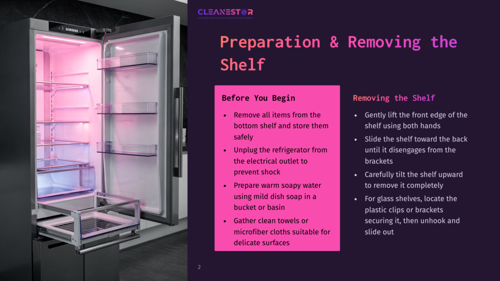 An Open Samsung Refrigerator With Pink Led Lighting. Text Overlay: &Quot;Cleanestor Preparation &Amp; Removing The Shelf&Quot;.