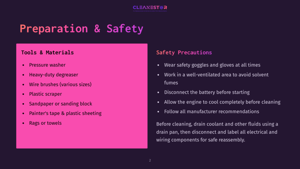 A Dark Purple Slide With Pink Sections Titled &Quot;Tools &Amp; Materials&Quot; And &Quot;Safety Precautions.&Quot; The &Quot;Tools &Amp; Materials&Quot; Section Lists Items Like A Pressure Washer And Sandpaper. The &Quot;Safety Precautions&Quot; Section Lists Advice Like Wearing Safety Goggles And Disconnecting The Battery.