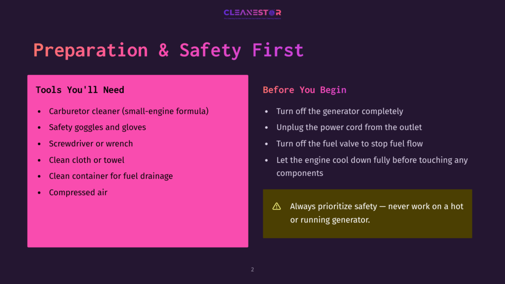 A Dark Purple Slide Titled &Quot;Preparation &Amp; Safety First&Quot; Lists Tools Needed And Safety Steps For Generator Maintenance, Including Carburetor Cleaner, Safety Goggles, And Unplugging The Power Cord.