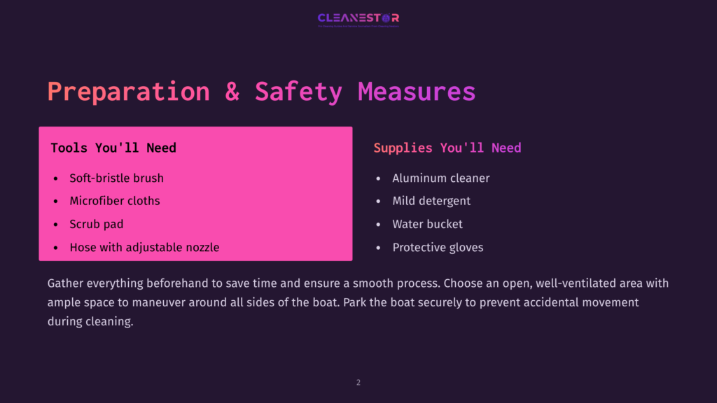 2 Preparation And Safety Measures The Cleanestor Logo Is Displayed At The Top Of A Slide Titled &Quot;Preparation &Amp; Safety Measures.&Quot; The Slide Lists Tools And Supplies Needed For Cleaning, Including Soft-Bristle Brushes, Microfiber Cloths, Scrub Pads, Hoses, Aluminum Cleaner, Mild Detergent, And Water Buckets.