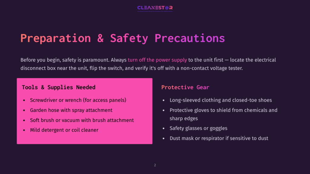 2 Preparation And Safety Precautions A Dark Purple Slide With The Title &Quot;Preparation &Amp; Safety Precautions&Quot; Lists Tools And Supplies Needed For Electrical Work, Including Screwdrivers, Garden Hose, Soft Brush, Vacuum, And Mild Detergent, Alongside Protective Gear Like Gloves, Eye Protection, And Dust Masks.