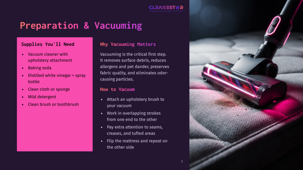Close-Up Of A Vacuum Cleaner With A Pink Light Attachment Cleaning A Stained Mattress. The Text &Quot;Cleanestor&Quot; Is Visible At The Top.