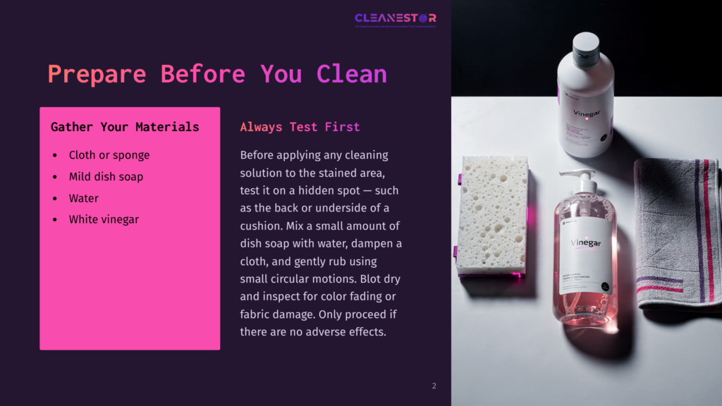 Cleanestor Vinegar Cleaning Spray And Dish Soap Bottles With Sponge And Cloth On A Dark Background, With Text &Quot;Prepare Before You Clean&Quot; And &Quot;Gather Your Materials&Quot; And &Quot;Always Test First&Quot;.
