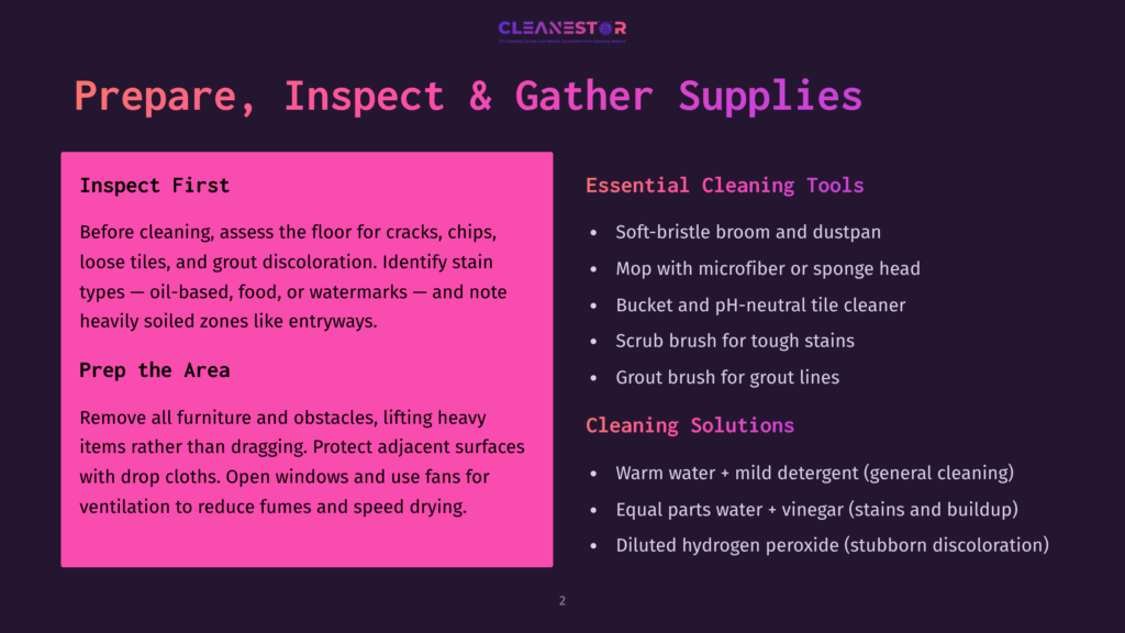 2 Prepare Inspect And Gather Supplies 1 Cleanestor Slide: Prepare, Inspect &Amp; Gather Supplies For Cleaning, With Sections On Inspect First, Prep The Area, Essential Cleaning Tools, And Cleaning Solutions.