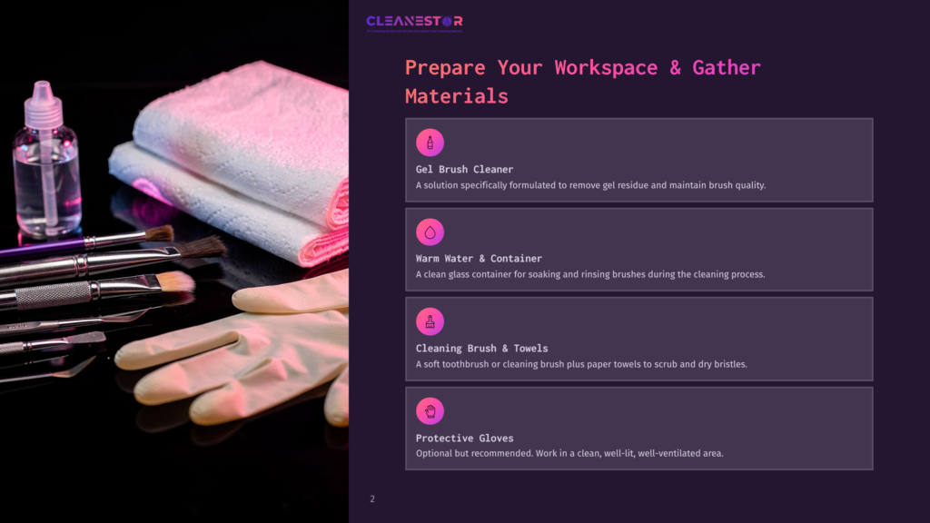 A Black Background Displays Cleaning Materials For Brushes, Including Gel Brush Cleaner, Warm Water Container, Cleaning Brush And Towels, And Protective Gloves.