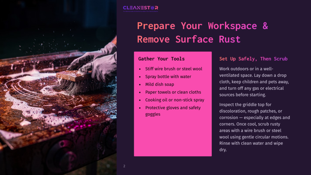 Close-Up Of Hands Wearing Gloves Scrubbing A Very Rusty, Dirty Outdoor Grill With A Stiff Wire Brush, Creating Suds And Foam. Text Overlay: &Quot;Cleanestor. Prepare Your Workspace &Amp; Remove Surface Rust.