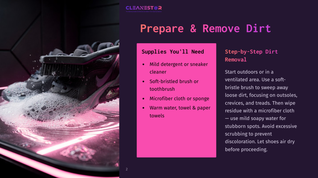 Close-Up Of Athletic Shoes Being Cleaned With A Brush And Soap Suds In A Brightly Lit Pink And Purple Environment. Text Overlay: &Quot;Cleanestor Prepare &Amp; Remove Dirt&Quot;.