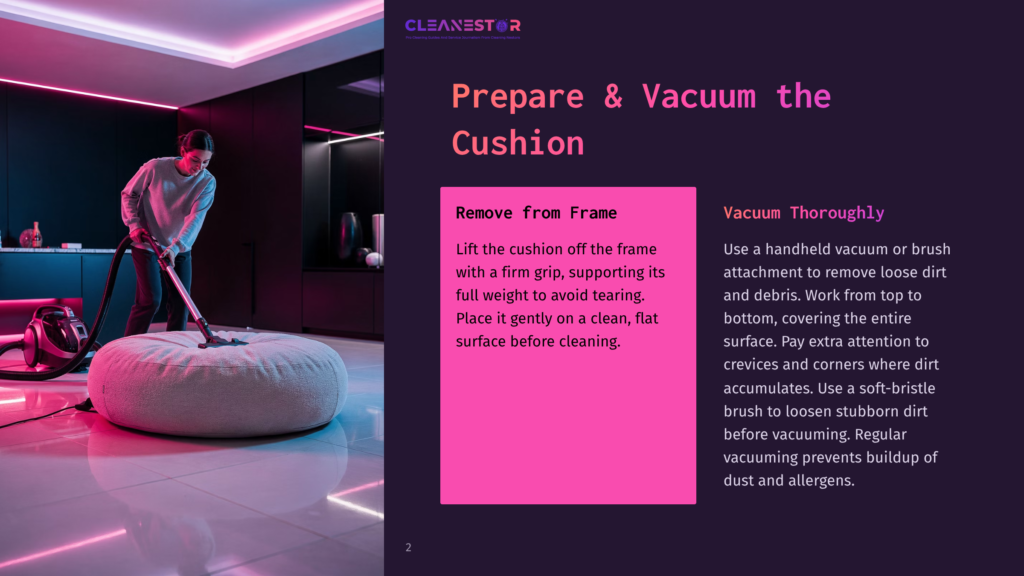 2 Prepare And Vacuum The Cushion A Woman Vacuums A Large, Round, White Cushion In A Modern, Minimalist Kitchen With Neon Pink And Blue Lighting. Text Overlay Reads: &Quot;Cleanestor Prepare &Amp; Vacuum The Cushion Remove From Frame Vacuum Thoroughly&Quot;.