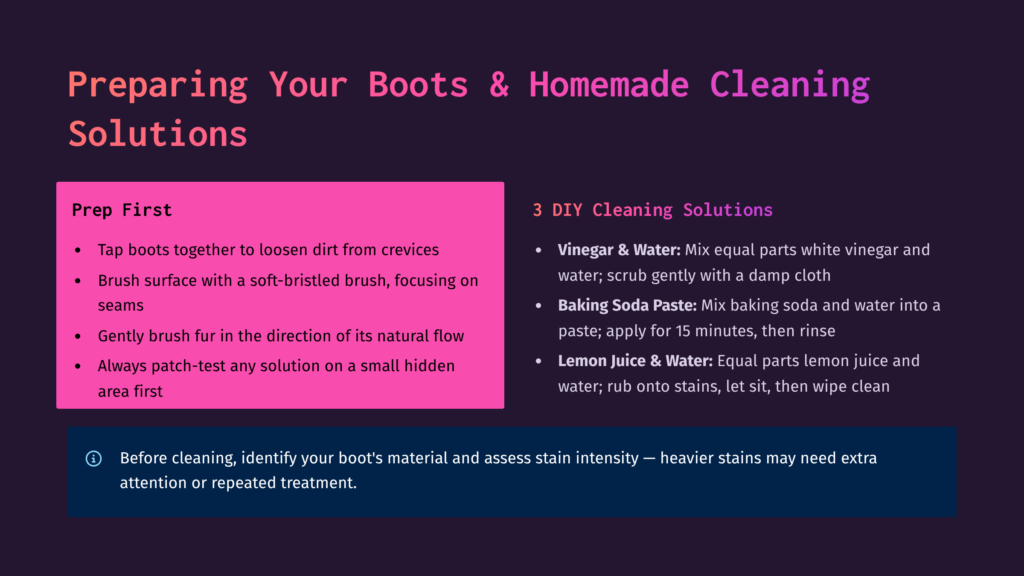 A Dark Background With A Pink Box On The Left Titled &Quot;Prep First&Quot; With Bullet Points About Preparing Boots And A Dark Blue Box On The Right Titled &Quot;Diy Cleaning Solutions&Quot; With Bullet Points For Homemade Cleaning Solutions.