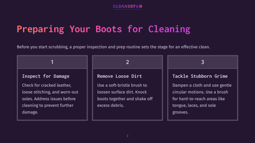 Preparing Your Boots For Cleaning: A Three-Panel Graphic With Text Detailing Inspection, Loose Dirt Removal, And Tackling Stubborn Grime.