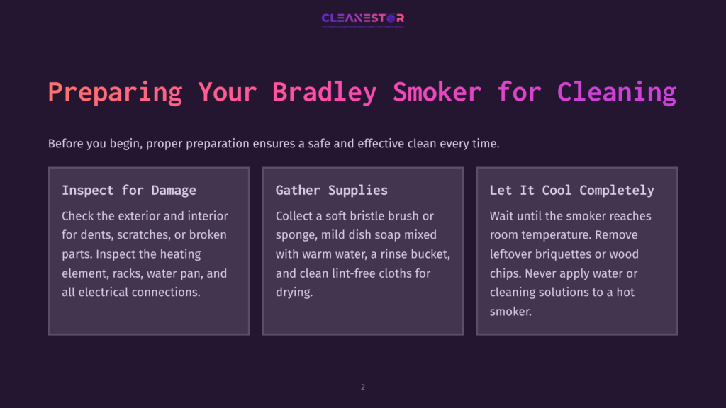 A Dark Purple Background With The Text &Quot;Cleanestor&Quot; At The Top And &Quot;Preparing Your Bradley Smoker For Cleaning&Quot; In Large, Bold White And Pink Text. Below Are Three Boxes With Titles: &Quot;Inspect For Damage&Quot;, &Quot;Gather Supplies&Quot;, And &Quot;Let It Cool Completely&Quot;, Each With Bulleted Text.