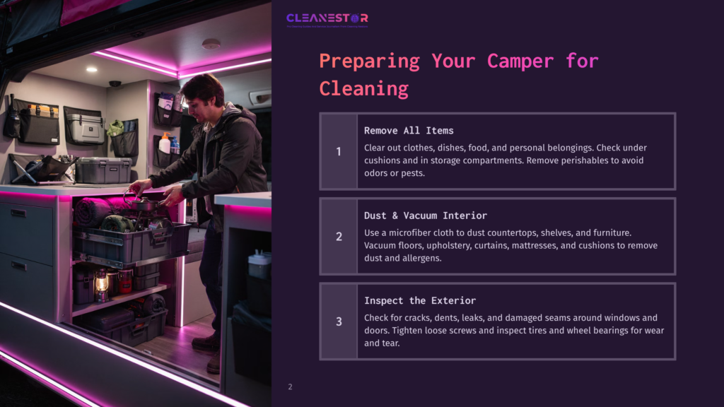 A Man Organizes Camping Gear Inside A Camper Van, With Bright Pink Led Lights Illuminating The Interior. The Text &Quot;Cleanestor Preparing Your Camper For Cleaning&Quot; Is Visible.