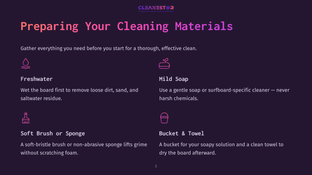 Preparing Cleaning Materials: Freshwater Icon, Mild Soap Icon, Soft Brush Or Sponge Icon, And Bucket &Amp; Towel Icon, With Descriptive Text For Each.