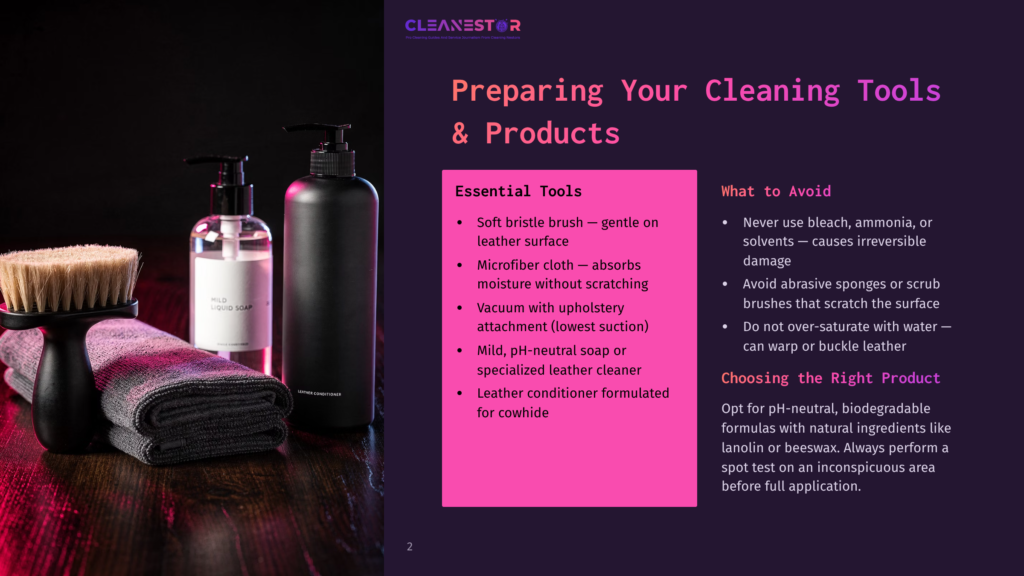 2 Preparing Your Cleaning Tools And Products Cleanestor Logo And Text &Quot;Preparing Your Cleaning Tools &Amp; Products&Quot;. A Soft Bristle Brush, Gray Microfiber Cloth, And Two Bottles Of Cleaning Products Are Displayed On A Dark Surface.