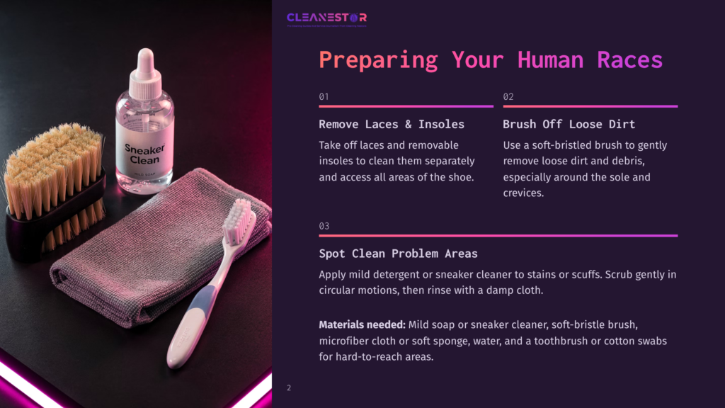 A Dark Background Showcases A Shoe Care Kit With A Bottle Of Sneaker Cleaner, A Soft-Bristled Brush, And A Toothbrush. The Text Outlines Steps To Clean Sneakers, Including Removing Laces, Brushing Dirt, And Cleaning Problem Areas.