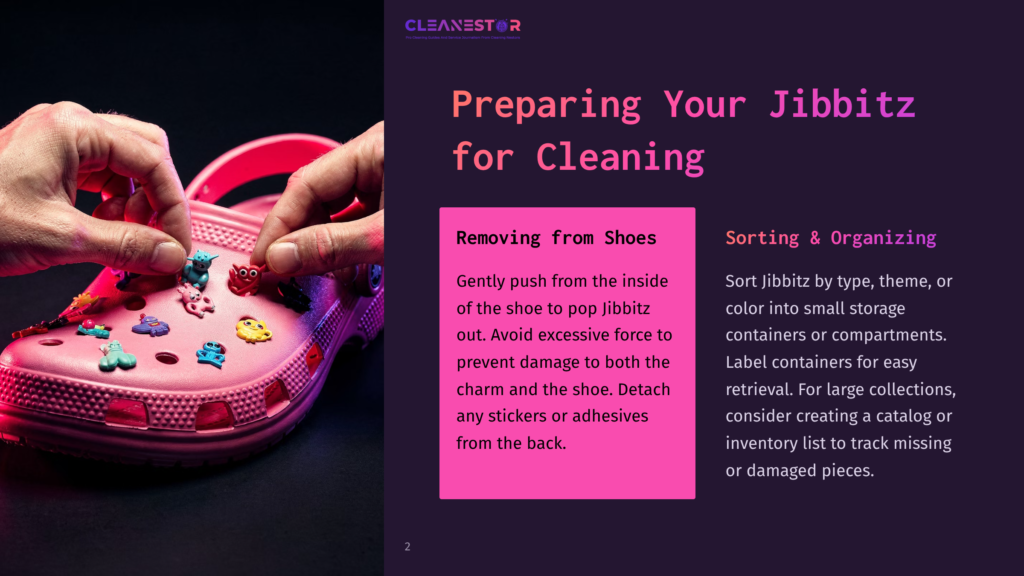 2 Preparing Your Jibbitz For Cleaning A Person'S Hands Remove Colorful Jibbitz Charms From A Bright Pink Croc Shoe, Preparing Them For Cleaning.