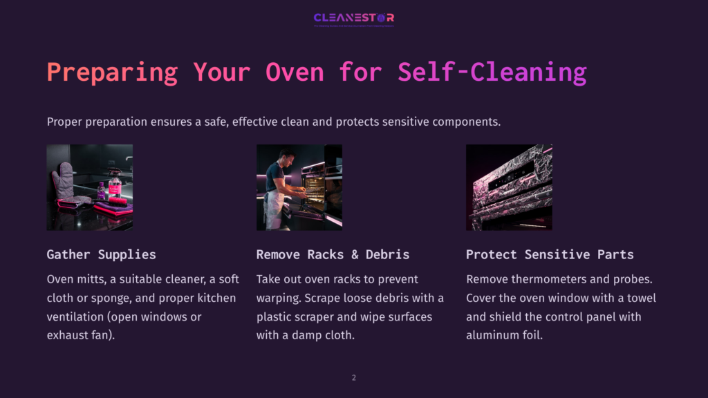 Three Images Show Steps For Preparing An Oven For Self-Cleaning: Oven Mitts And Cleaning Supplies, A Person Cleaning Oven Racks, And An Oven Window Covered With Aluminum Foil.