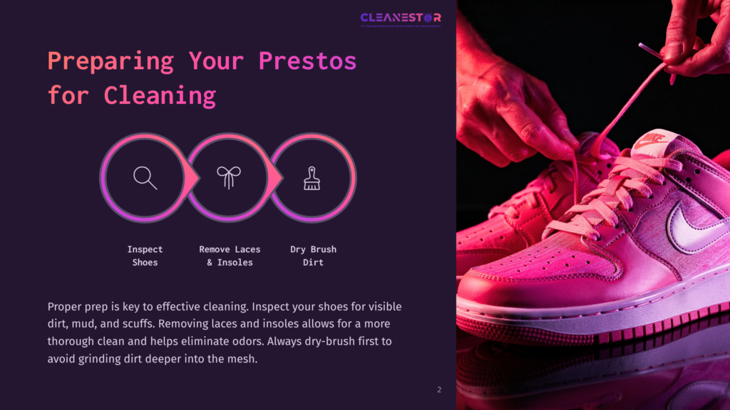 2 Preparing Your Prestos For Cleaning A Person'S Hands Tie The Laces Of A Bright Pink Nike Sneaker, With A Graphic Showing Steps To Clean Shoes: Inspect Shoes, Remove Laces &Amp; Insoles, Dry Brush Dirt.