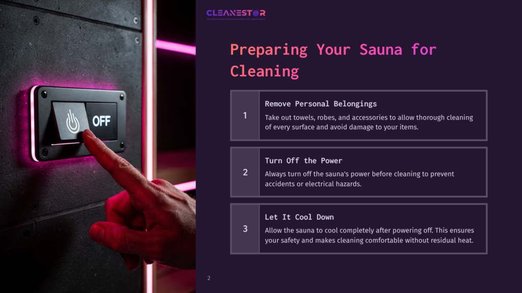 Close-Up Of A Hand Pressing A Glowing Pink Off Button On A Black Control Panel, Illuminated By Purple Light, With Text Overlay &Quot;Prepare Your Sauna For Cleaning&Quot; And Steps Including &Quot;Remove Personal Belongings,&Quot; &Quot;Turn Off The Power,&Quot; And &Quot;Let It Cool Down.