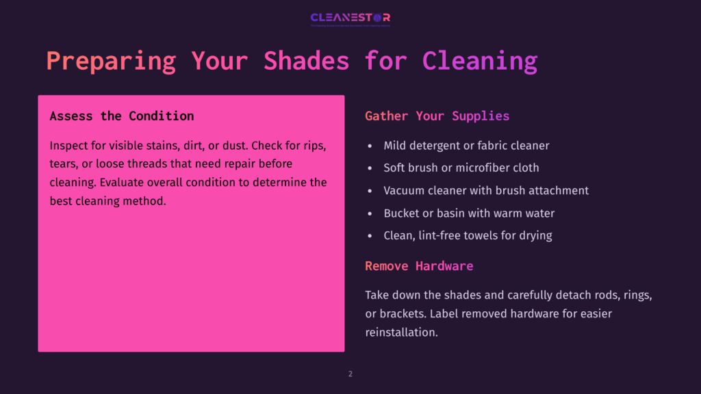 Presentation Slide Titled &Quot;Preparing Your Shades For Cleaning&Quot; With Sections On &Quot;Assess The Condition&Quot; And &Quot;Gather Your Supplies.